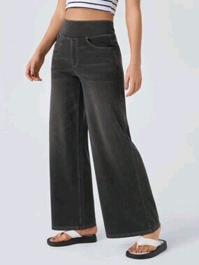 NWT Halara Small Flex High Waisted Pull On Baggy Wide Leg Jeans Womens Black 029